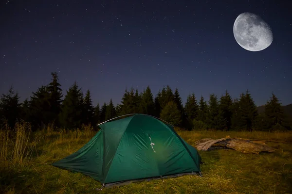 Green Touristic Tent Stay Forest Glade Night — Stock Photo, Image