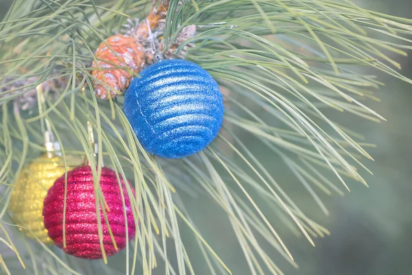 Closeup Παιχνίδια Έλατο Δέντρο Στο Κλαδί Έλατο Christmass Εξωτερικό Φόντο — Φωτογραφία Αρχείου