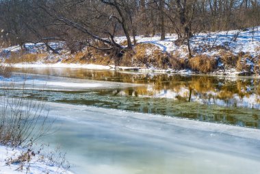 closeup winter melting river flow through the ice