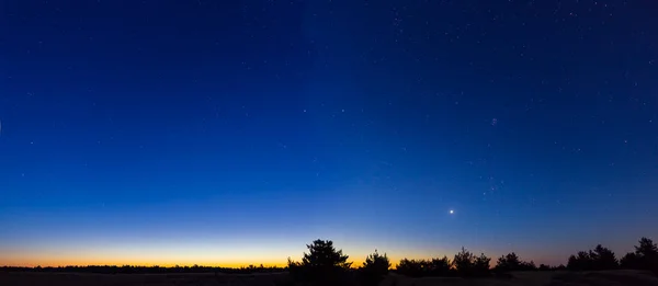 Şafak Vakti Yıldızlı Gökyüzünün Altında Çayır Silueti Yaz Sabahı Açık — Stok fotoğraf