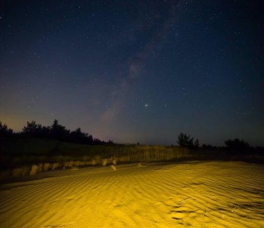 Yıldızlı bir gökyüzünün altındaki kumlu çöl Samanyolu, açık hava manzarası
