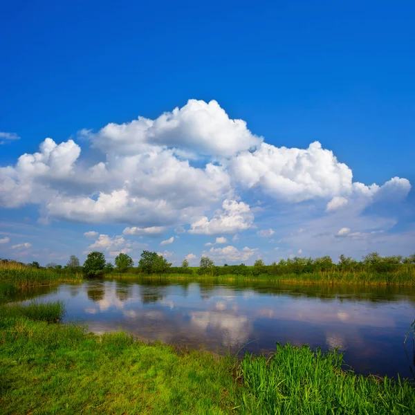 Malý Klidný Řeka Pod Modrým Oblačným Nebem Letní Den — Stock fotografie