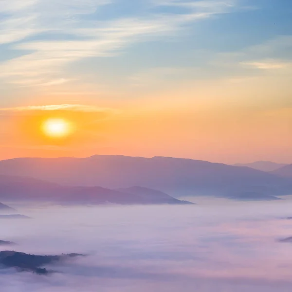Górska Dolina Gęstej Mgle Wschodzie Słońca Wczesnym Rankiem Górski Krajobraz — Zdjęcie stockowe