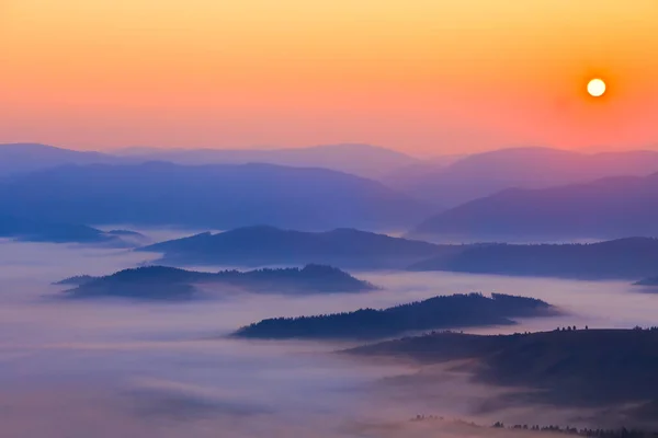 日の出の濃霧の中の山の谷早朝の山の風景 — ストック写真