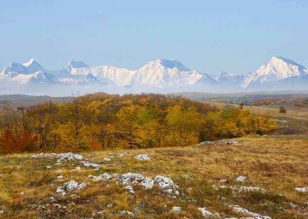 Herbstebene Vor Schneebedeckter Bergkette — Stockfoto