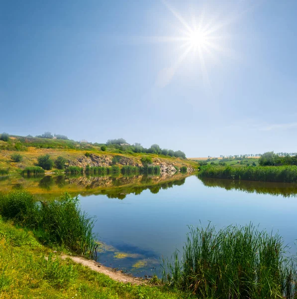Pieni Rauhallinen Joki Metsän Kanssa Rannikolla Aurinkoisena Päivänä Kesä Maaseutu — kuvapankkivalokuva