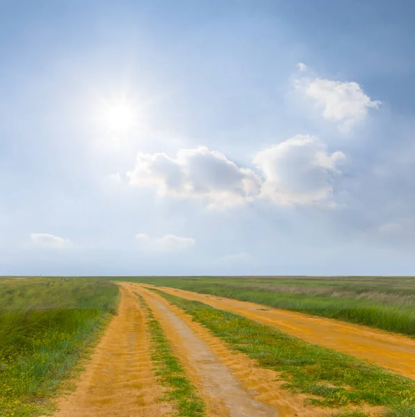 Ground Road Green Fields Sunny Day — Stock Photo, Image