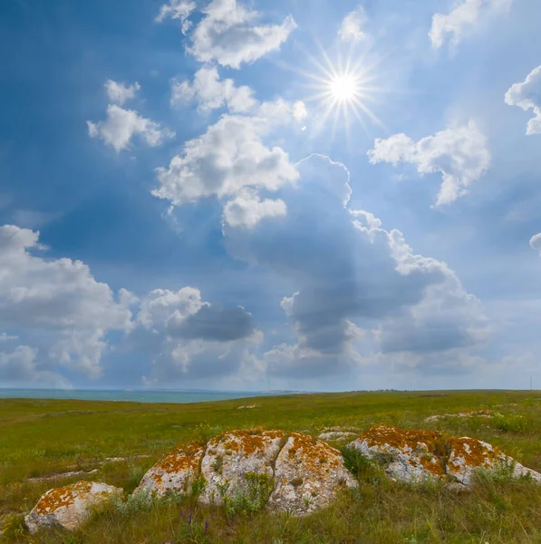 翠绿的草原 阳光灿烂的日子里 堆成了巨大的石堆 — 图库照片
