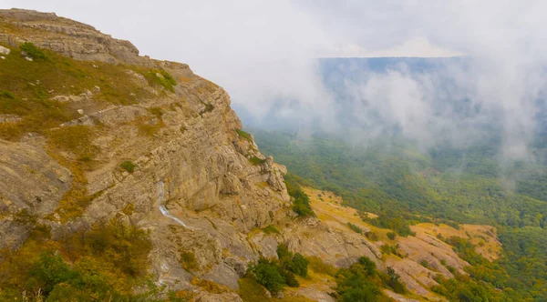 Nebbioso Verde Valle Montagna Sotto Denso Cielo Nuvoloso — Foto Stock