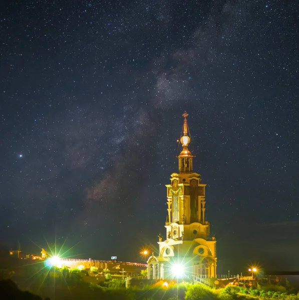 Closeup Christian Church Night Starry Sky Background — Stock Photo, Image