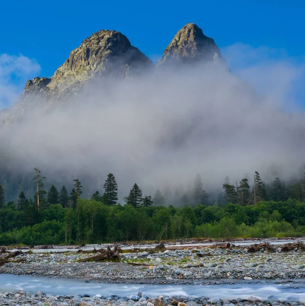 Fluss Rauscht Gebirgstal Dichten Nebel — Stockfoto