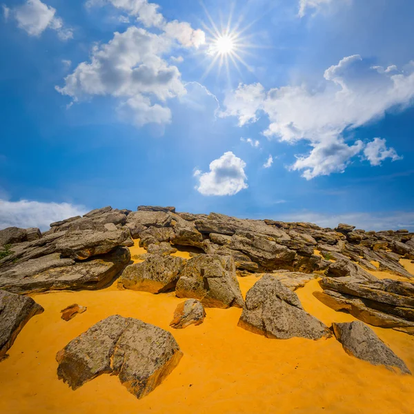 Heap Huge Stones Sandy Hill Summer Sunny Day — Stock Photo, Image