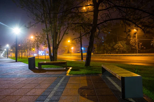 Gece şehir sokağı fenerlerin ışığında, gece şehir manzarası