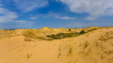 Mavi bulutlu gökyüzünün altında kumlu çöl kumları