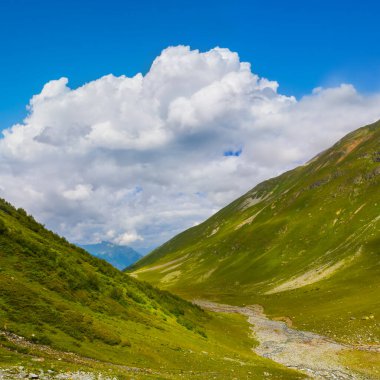Yeşil dağ vadisinde akan küçük bir nehir.