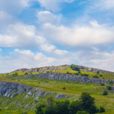 Mavi bulutlu gökyüzünün altındaki yeşil tepelerin arasındaki dağ sırtı