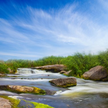 Yeşil çayırlar arasında akan yaz nehri