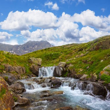 Yeşil dağın arasında akan küçük bir nehir.