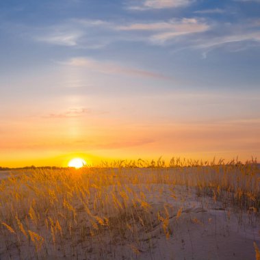Geniş kumlu çayır dramatik günbatımında