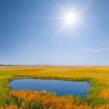 Güneşli bir günde bozkırda küçük mavi bir göl