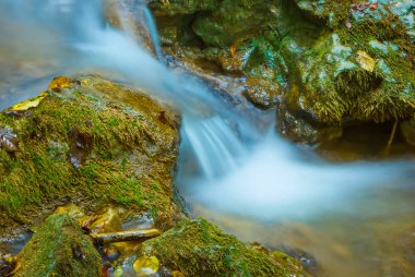 Dağdaki kanyonda taşların arasından akan küçük bir dere.