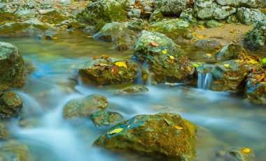 Dağdaki kanyonda taşların arasından akan küçük bir dere.