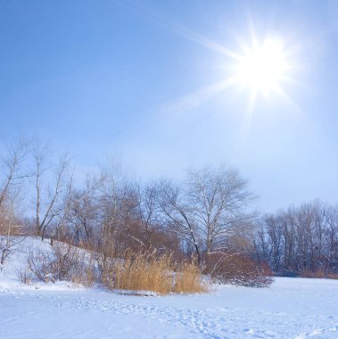 Kış donmuş nehir güneşli kış gününde