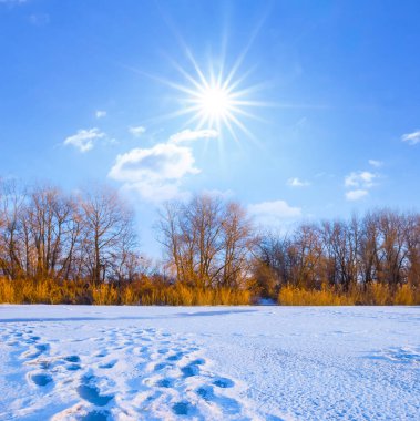 Güneşli kış gününde donmuş karlı bir nehir.