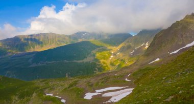 Bulutlu gökyüzünün altındaki yeşil dağ vadisi