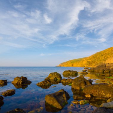 Kayalık sahilli yaz denizi.