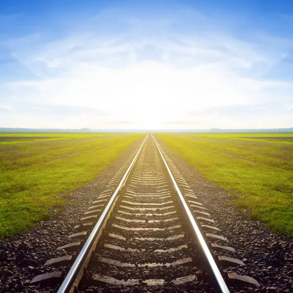 railway among green plain at the sunrise