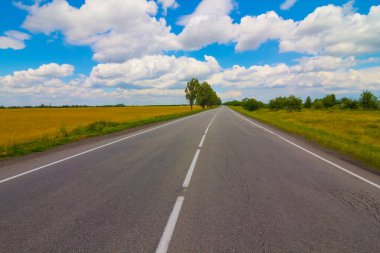 Bulutlu bir gökyüzünün altında uzun bir yol, yaz ulaşımı sahnesi