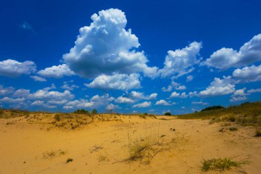 Kumlu çöl, yoğun kümülüs bulutlarının altında.
