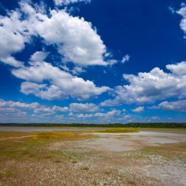 Mavi bulutlu gökyüzünün altında kuru tuzlu arazi