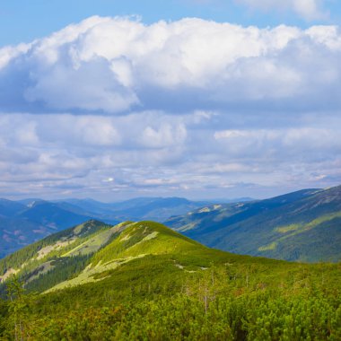 Yoğun bulutlu gökyüzünün altındaki yeşil dağ vadisi