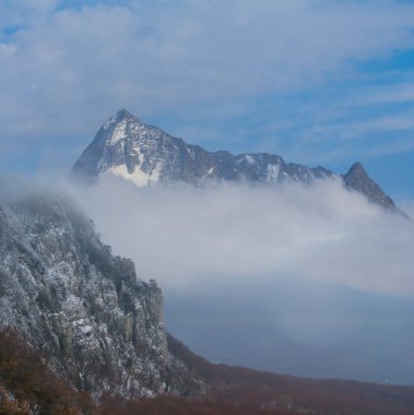 Yoğun sis ve bulutlarda karla kaplı dağ vadisi, güzel mevsimlik dağ manzarası.
