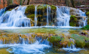 Küçük dağ nehrindeki şelale kırmızı kuru yapraklarla kaplı kanyon boyunca akıyor.
