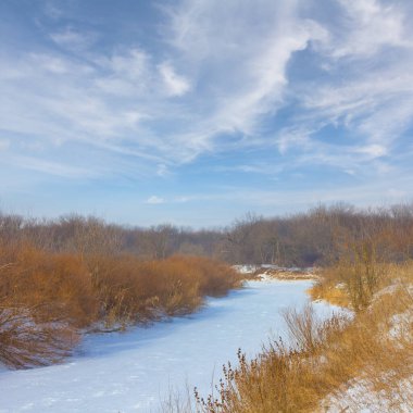 Kış donmuş nehir, orman kıyıları bulutlu bir gökyüzünün altında.
