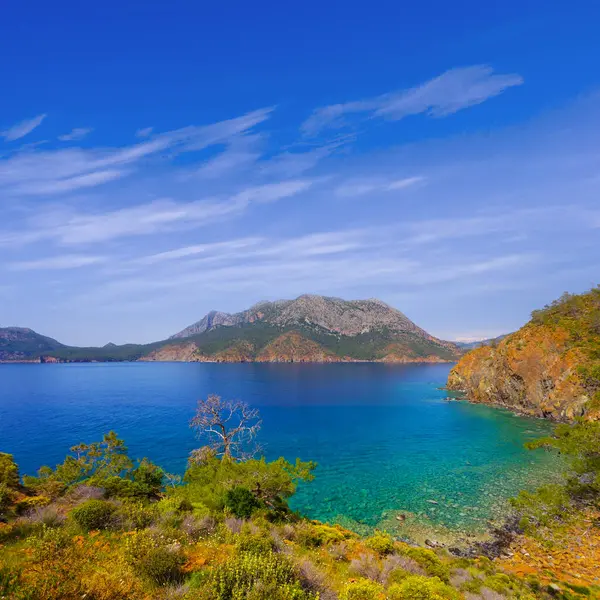 Sahile yakın dağlı zümrüt deniz körfezi