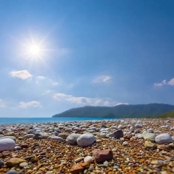 Deniz kıyıları güneşli bir günde taşlarla kaplı.