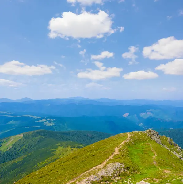 Mavi bulutlu gökyüzünün altındaki yeşil dağ vadisi