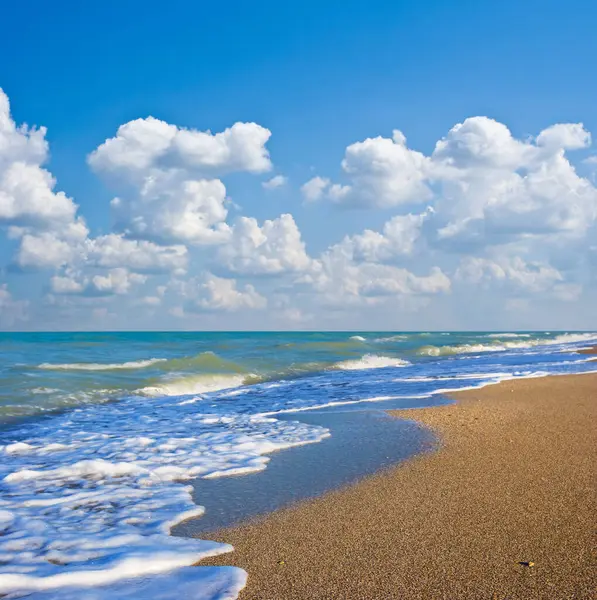 Zümrüt deniz kıyısındaki kumlu sahil, yaz tatili sahnesi.