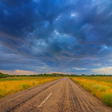 Yoğun bulutlu gökyüzü altında, bozkır arasında uzun asfalt yol