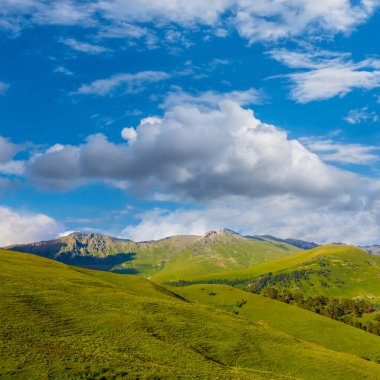 Güzel yeşil dağ vadisi Mavi bulutlu gökyüzünün altında yaz gününde
