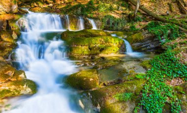 Dağdaki derede küçük bir şelale taşların üzerinden akıyor.