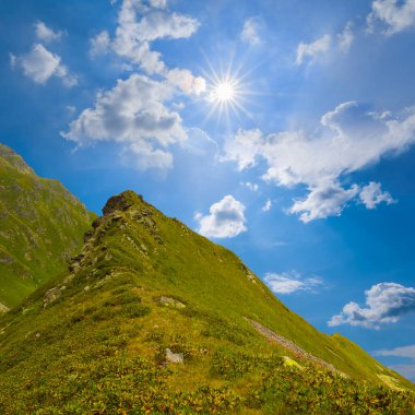 Işıl ışıl güneşin altında, yüksek bir dağın tepesinde