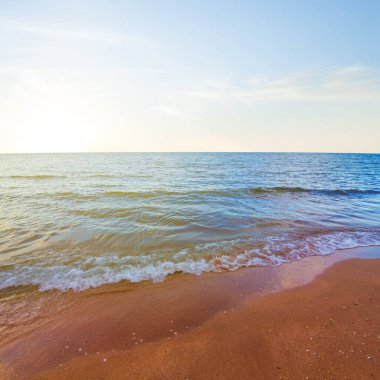 Yazın güneşli olan kumlu deniz plajı.