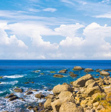 Parlak yaz gününde taşlı deniz kıyısında