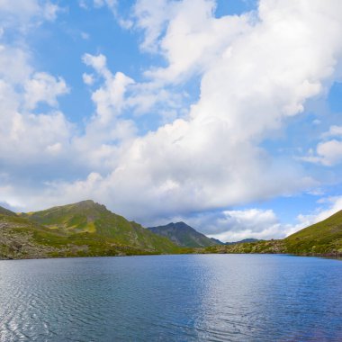 Yeşil yaz vadisinde küçük mavi bir göl