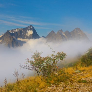 Yoğun sis ve bulutlarla kaplı yeşil dağ vadisi.